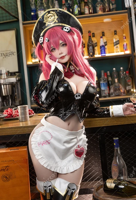 

Miccostumes Women's Goddess Nikke Mast Cosplay Costume Short Top Thong with Apron and Hat Halloween Cosplay Costumes