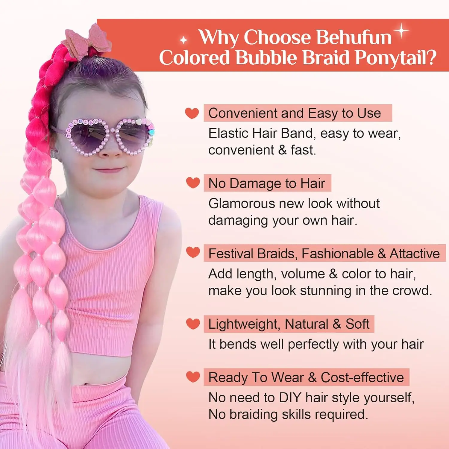 Behufun-Colored Ponytail Extensions for Kids, Lightweight, Bubble Ponytail Extension with Hair Tie, Ombre, Crazy Day Accessories