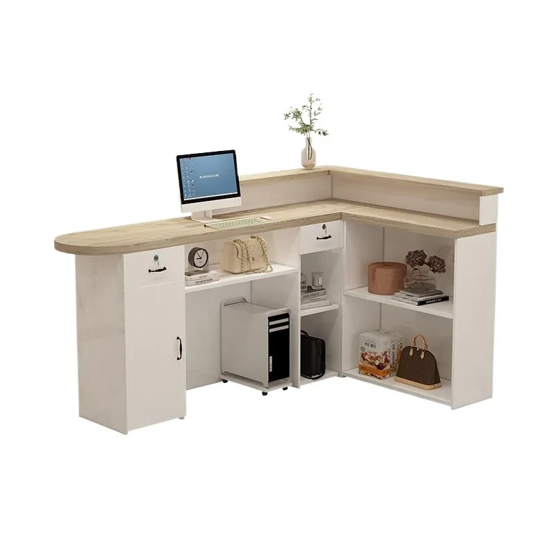 

L shaped bar in clothing store, small cash register, front desk of women's nail shop, modern and simple