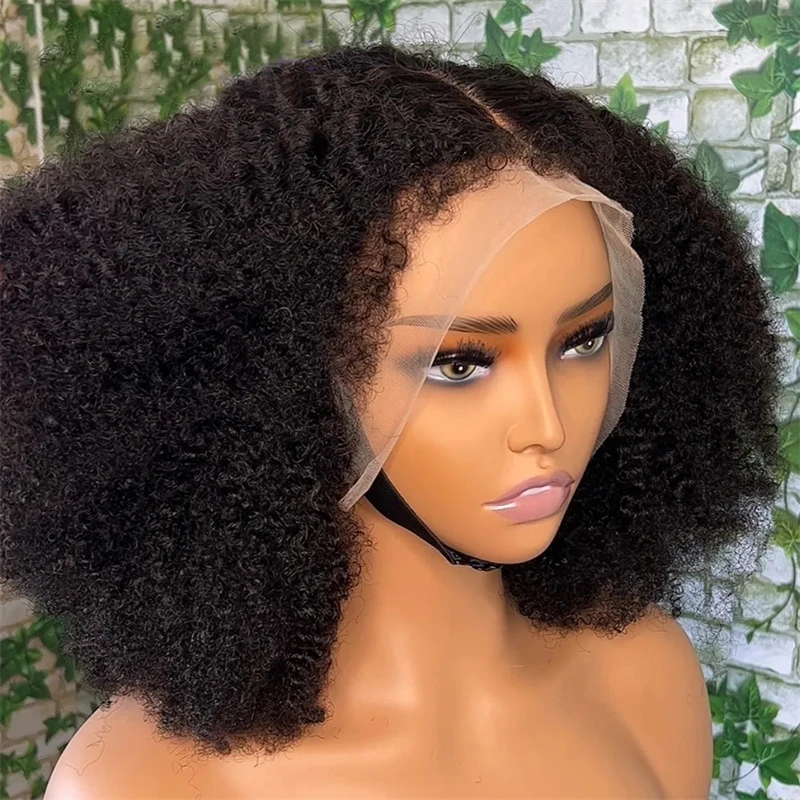 

14"Short Bob Black Color 180%Density Kinky Curly Lace Front Wigs For Women With Baby Hair Preplucked Daily Wear Glueless Wigs