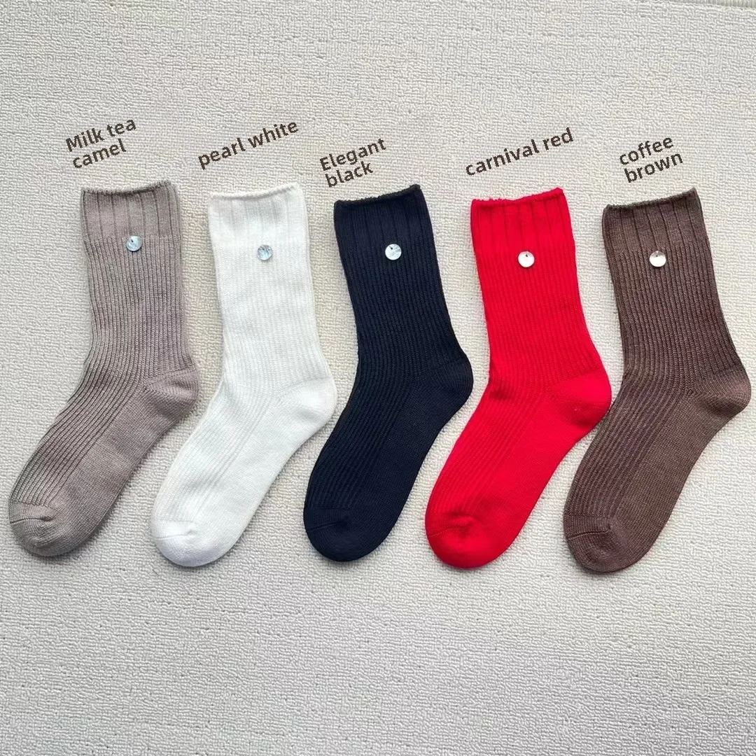 Women's Winter New Style Australian Wool Handmade Double Needle Knit Red Socks Vertical Stripe Solid Color Warm Breathable Socks