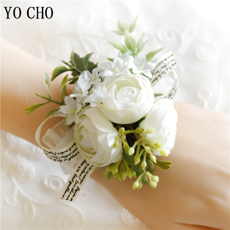 Yo cho pulseira branca, corsage, rosa, flor de seda, com punho, para madrinha, buquê para casamento