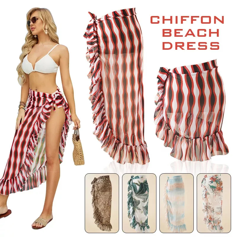 Sarong plażowy Cover Ups dla kobiet Ruffle Printed Skirts Bikini Cover Pareo Chiffon Wrap Dresses Summer Accessories Seawear