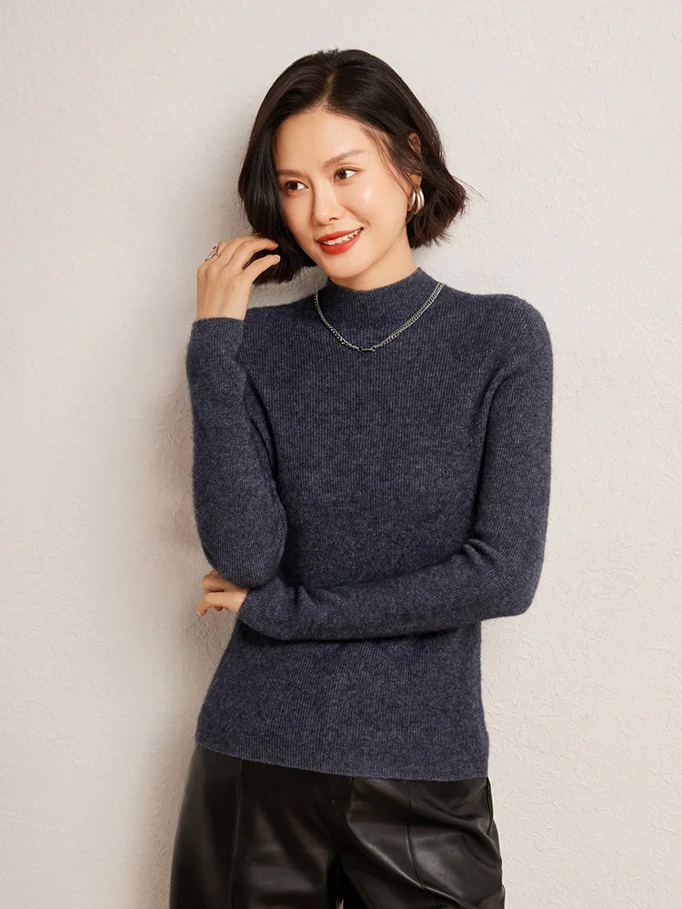 Women\' Slim 100% Cashmere Sweater Half Turtleneck Draw Strip Knitted Pullover Casual High-End Stretch Tops Autumn New Base Shirt