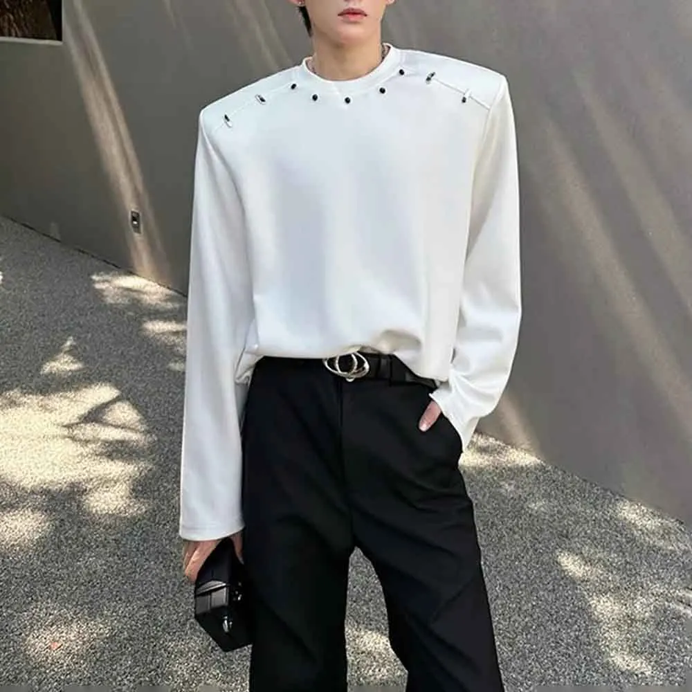 Outono novo masculino cor sólida decoração de metal manga comprida camiseta americano retro moda tendência high street solto nicho masculino topo