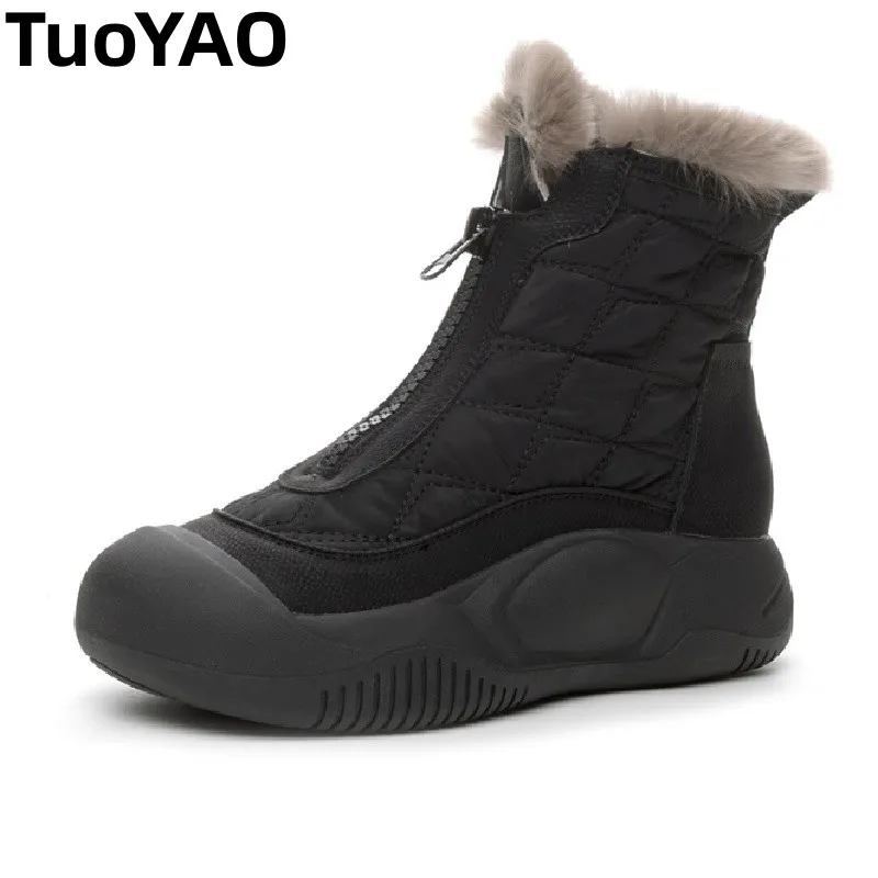 

6cm Heel Winter Snow Boots With Fur Non-Slip Warm Short Boots for Petite Genuine Leather Platform Boots for Women
