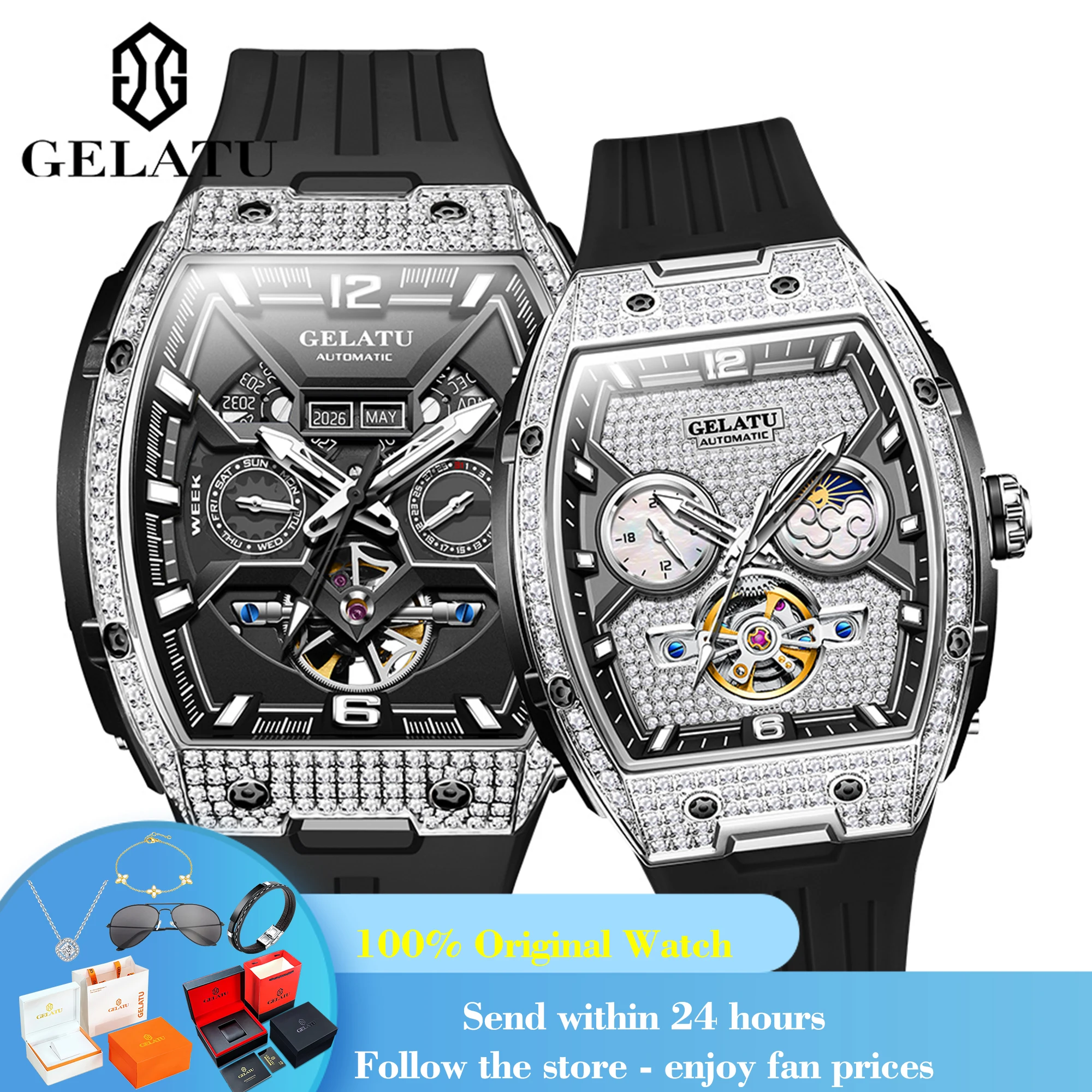 

GELATU 6016 Big Dial Hollow Mechanical Couple Watch For Men Women Diamond Silicone Strap Automatic Wristwatch Waterproof Watch