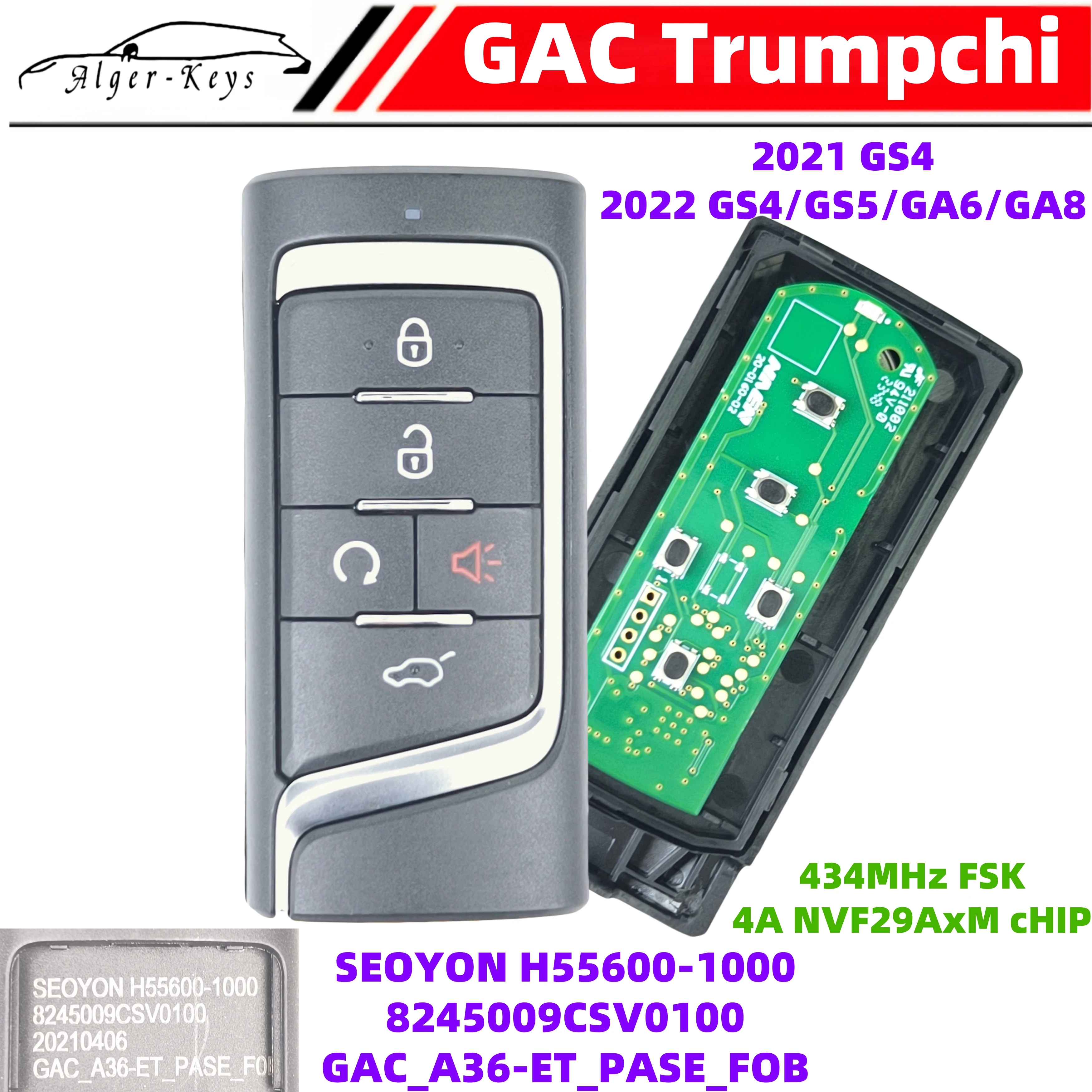 Algernon-keys Original Smart Remote Key For GAC Trumpchi 2021 GS4 8245009CSv0100 434Mhz FSK 4A NCF29AxM Chip A36 5 Buttons