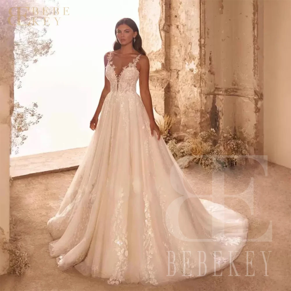 BEBEKEY مخصص السباغيتي الأشرطة فساتين الزفاف ألف خط الدانتيل زين فستان زفاف عارية الذراعين فستان رسمي vestidos de novia