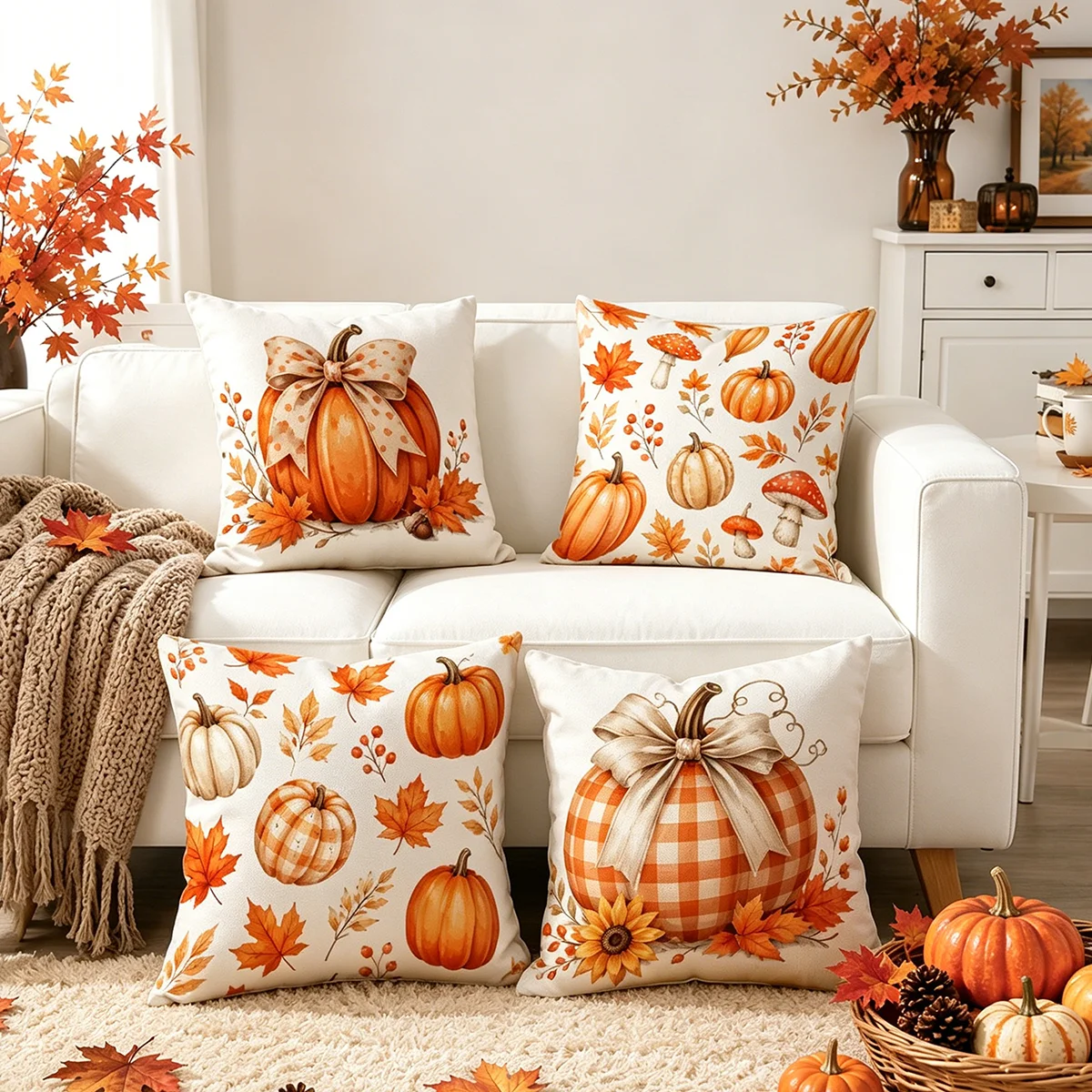 4PCS Digital Print Pillow Covers, Cushion Covers, Cute Gingham Pumpkins with Bows Leaves Warm Fall Harvest Home Sofa Decor