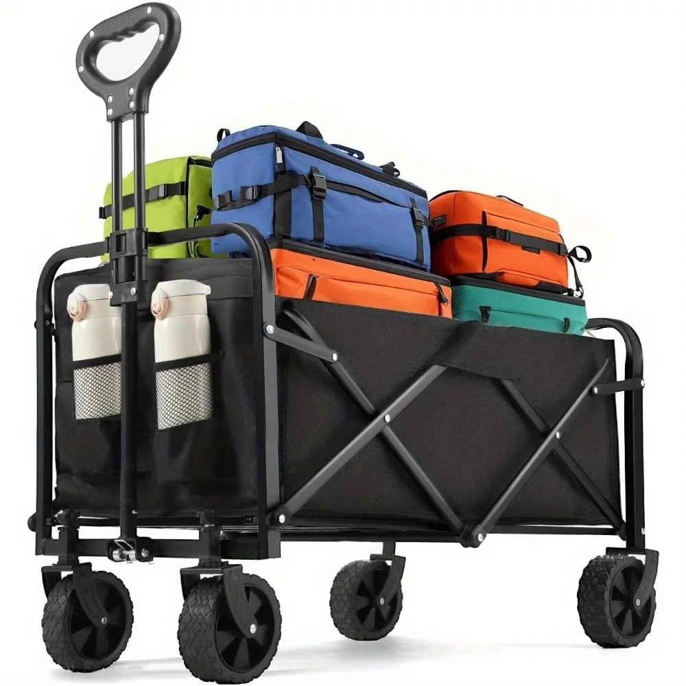 

Heavy Duty Wagon Carts Foldable, Portable Wagons for Groceries, Beach Cart with All-Terrain Wheels Drink Holders, Utility Wagon