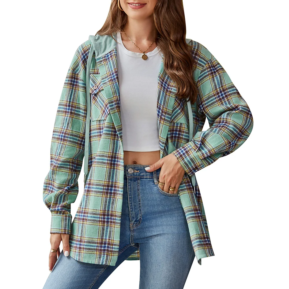 Mujer Casual con capucha irt Plaid estampado largo Sve longitud media corte suelto básico Sle tela de poliéster Otoño Invierno nuevo A...