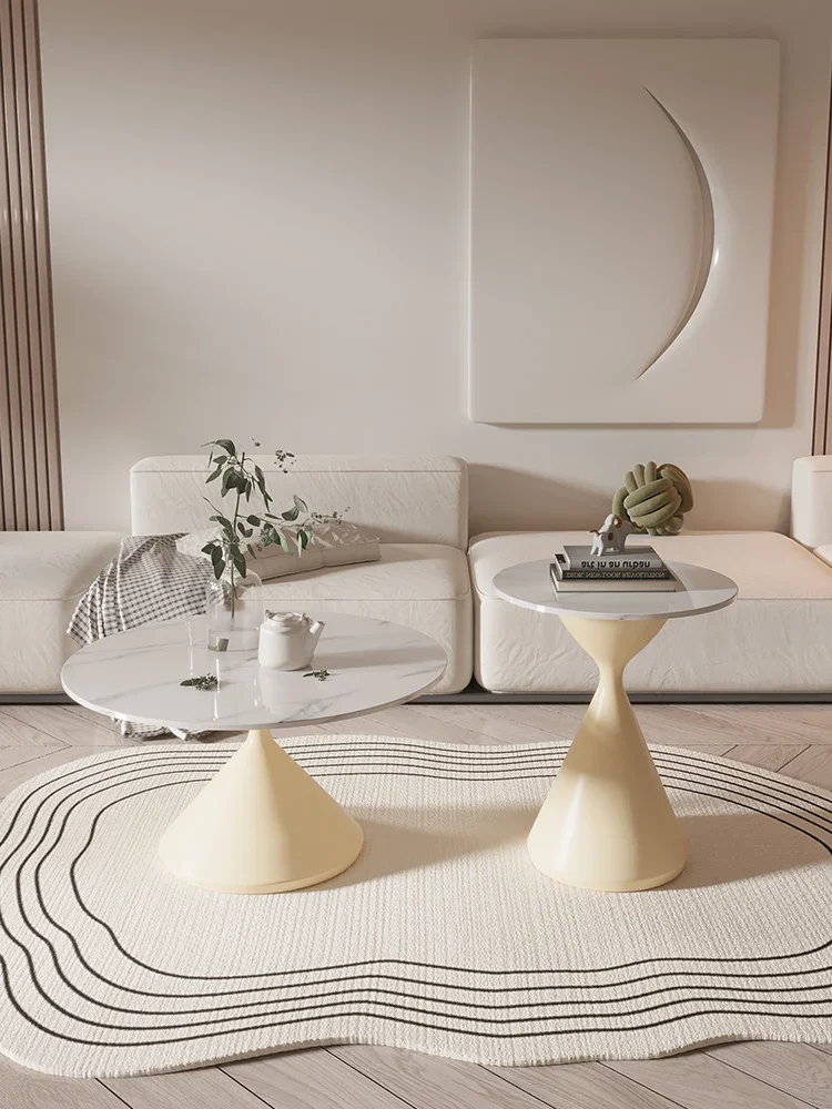 Cream style rock board edge table, living room, small unit, movable circular mother and child coffee table