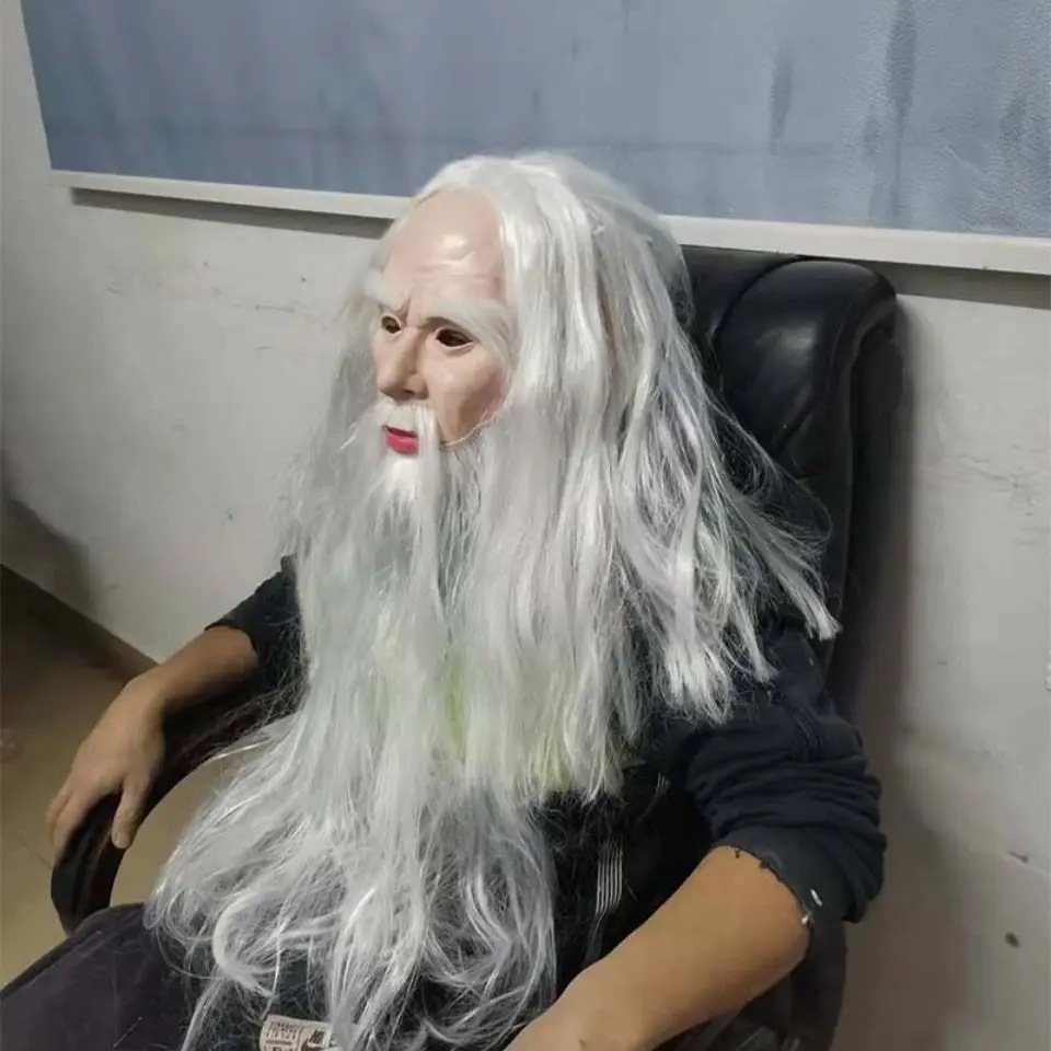 Máscara de mago de pelo blanco divertido, barba blanca, cubierta de cabeza de abuelo, accesorios de juego de rol de látex de Papá Noel, accesorios de Halloween