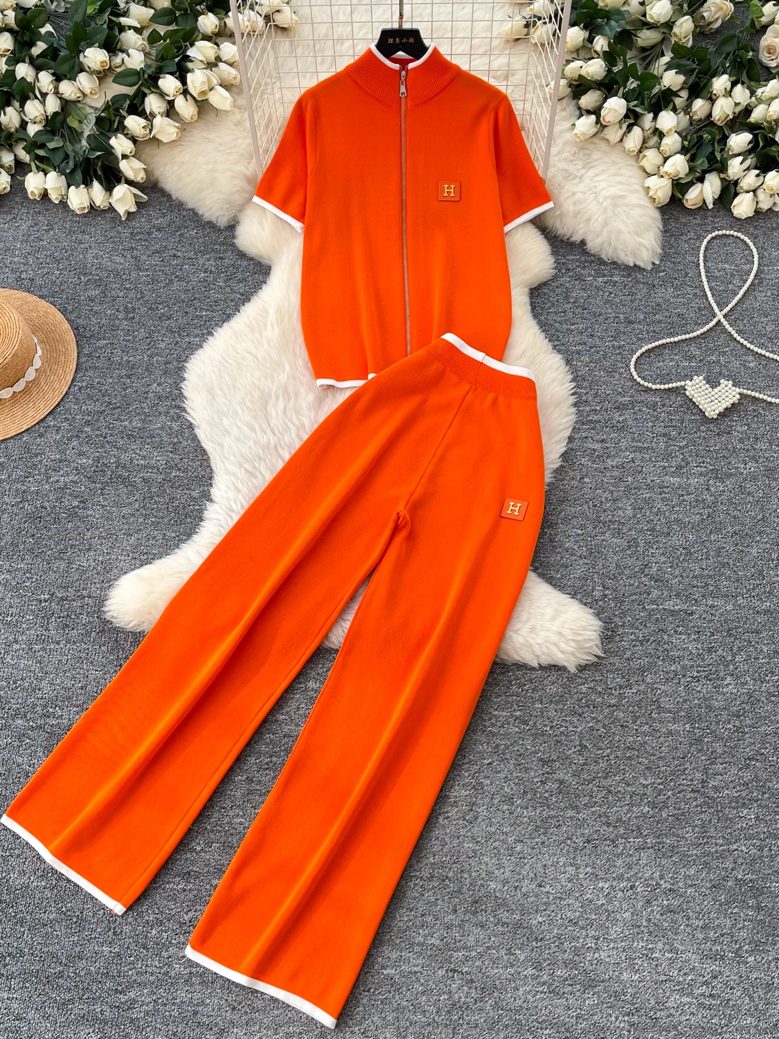 

Summer Casual High Waist Wide Leg Pants Knitted Set Women's Zipper Collar Top And Bottoms Two-Piece Set Lazy Color Block