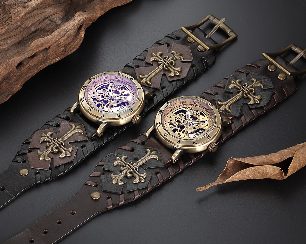Shenhua gótico steampunk relógios masculinos esqueleto antigo relógio mecânico automático luminoso à prova dwaterproof água