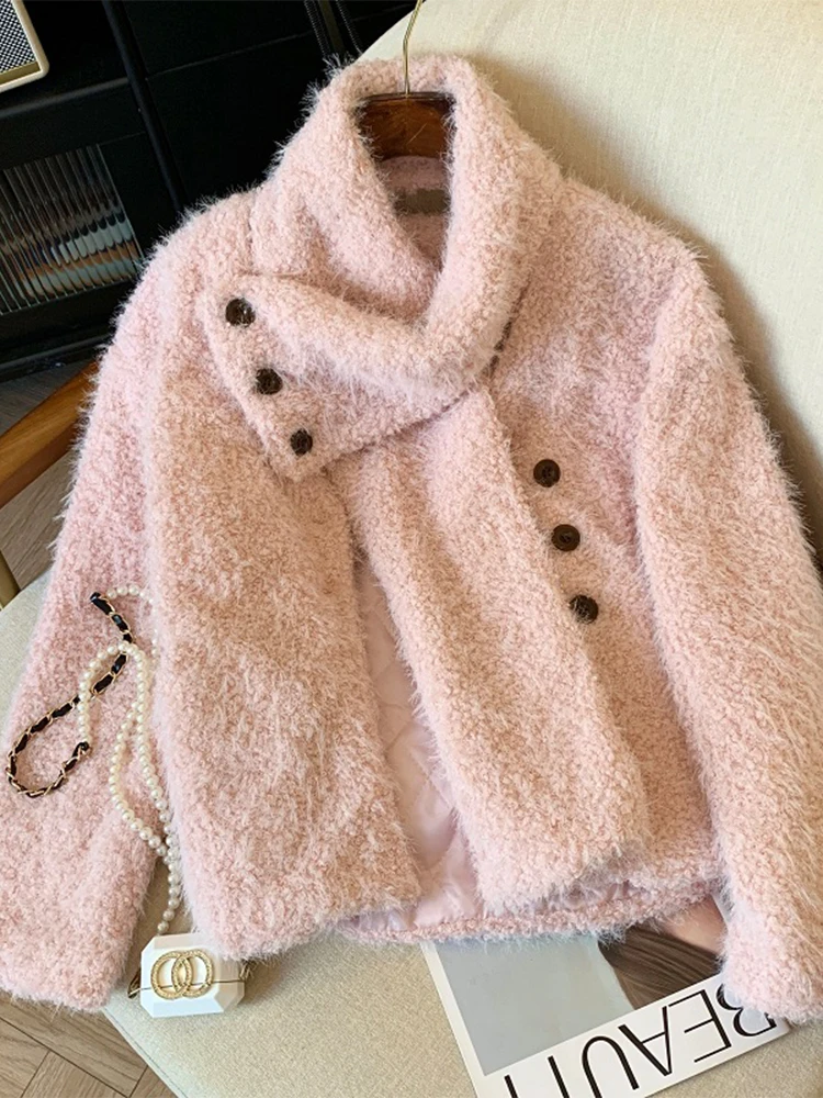 Women's Vintage Pink Jacket Korean Long Sleeve Coat Fashion Harajuku Streetwear Plush Teddy Coats 2000s Y2k Outwear Tops Clothes