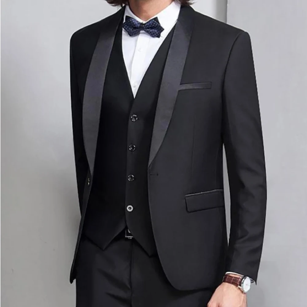 

Fashion Black Peaked Collar Shawl Lapel Slim Fit Custom Made Handsome Wedding Suits Groom Tuxedos Formal Wears Party Dinner