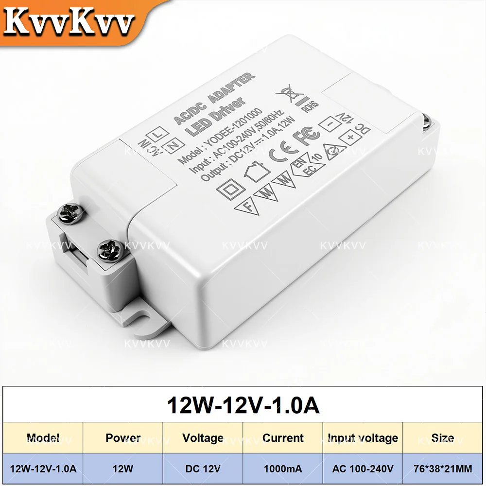 AC 100V-240V LED Driver 12W 24W 36W 60W Transformer DC12V Power Supply For Diy LED Strip Lights Constant Voltage LED Projects