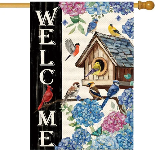Spring Summer Birds Hydrangeas Welcome House Flag 28 X 40 Inch Double Sided, Col 7445017814890 AAV hhz