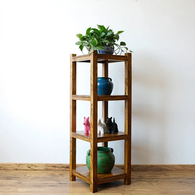 Solid Wood Shelf Modern Chinese Floor-Standing Wooden Simple Log Multi-Layer Elm Flower Shelf