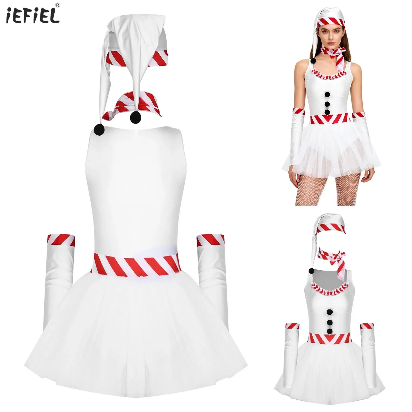 

Women Santa Claus Dress Christmas Snowman White Dress Sleeveless Tulle Tutu Dress with Stripe Scarf Arm Sleeves And Hat Outfits