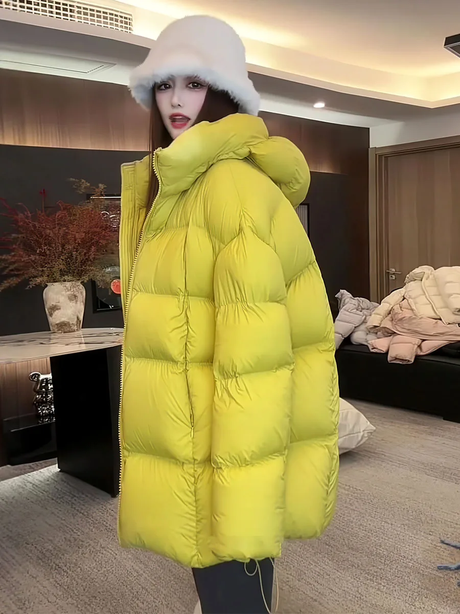 

Women's Yellow Hooded Mid-Length Thiened down Jaet Korean Sle Cloud Puff Coat Winter New Arrival Warm Buxom Outerwear