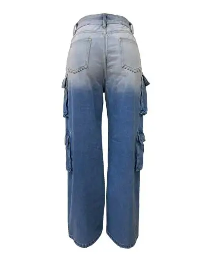 Personalized Street Jeans Fashion Women's Multi Pocket Nail Buckle Gradient Color Workwear Straight Tube Trendy Denim Pants
