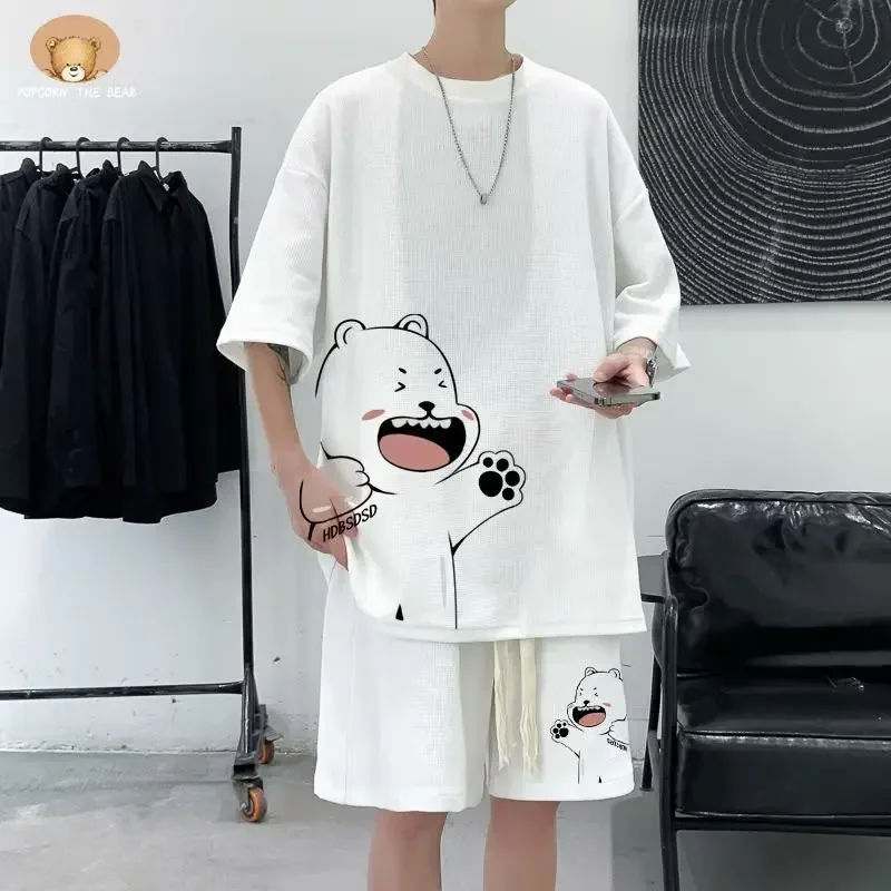 T-shirt et short pour hommes, ensemble de sport de grande taille 4XL, mode de rue japonaise, ensemble deux pièces, rétro, nouveau, col, vêtements de