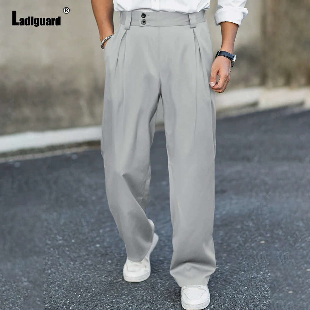 

Ladiguard Plus Size Mens Vintage Straight Pants Light Gray Ankle-Length Trouser Men Fashion Classic Naple Basic Suits Pant New