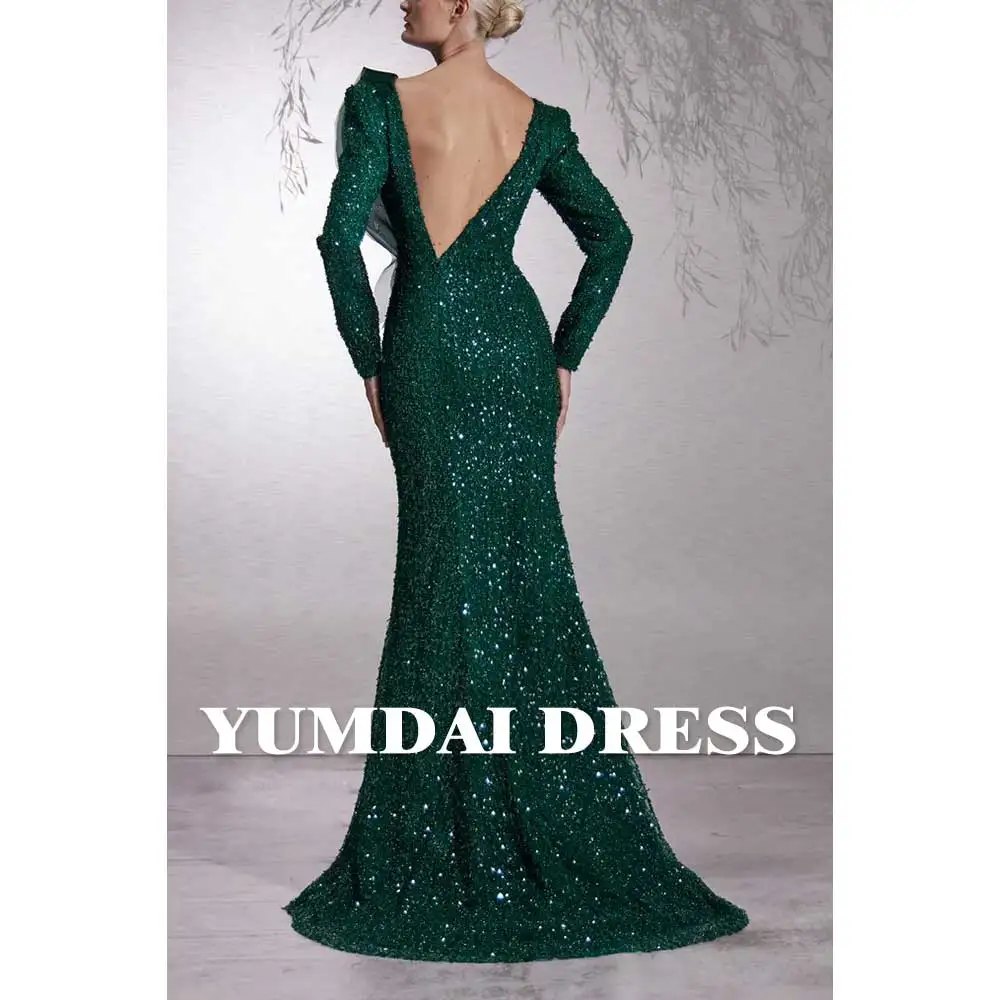 YUMDI Luxury Dubai Green Ruffled Long Sleeve Mom Outfit 2024 Special Occasion Wedding Prom Party Mermaid Evening Dress Tail Gown