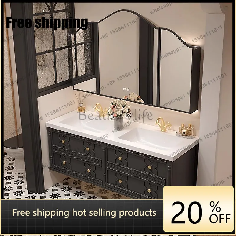 Factory Direct French retro double basin bathroom cabinet integrated ceramic basin toilet washstand