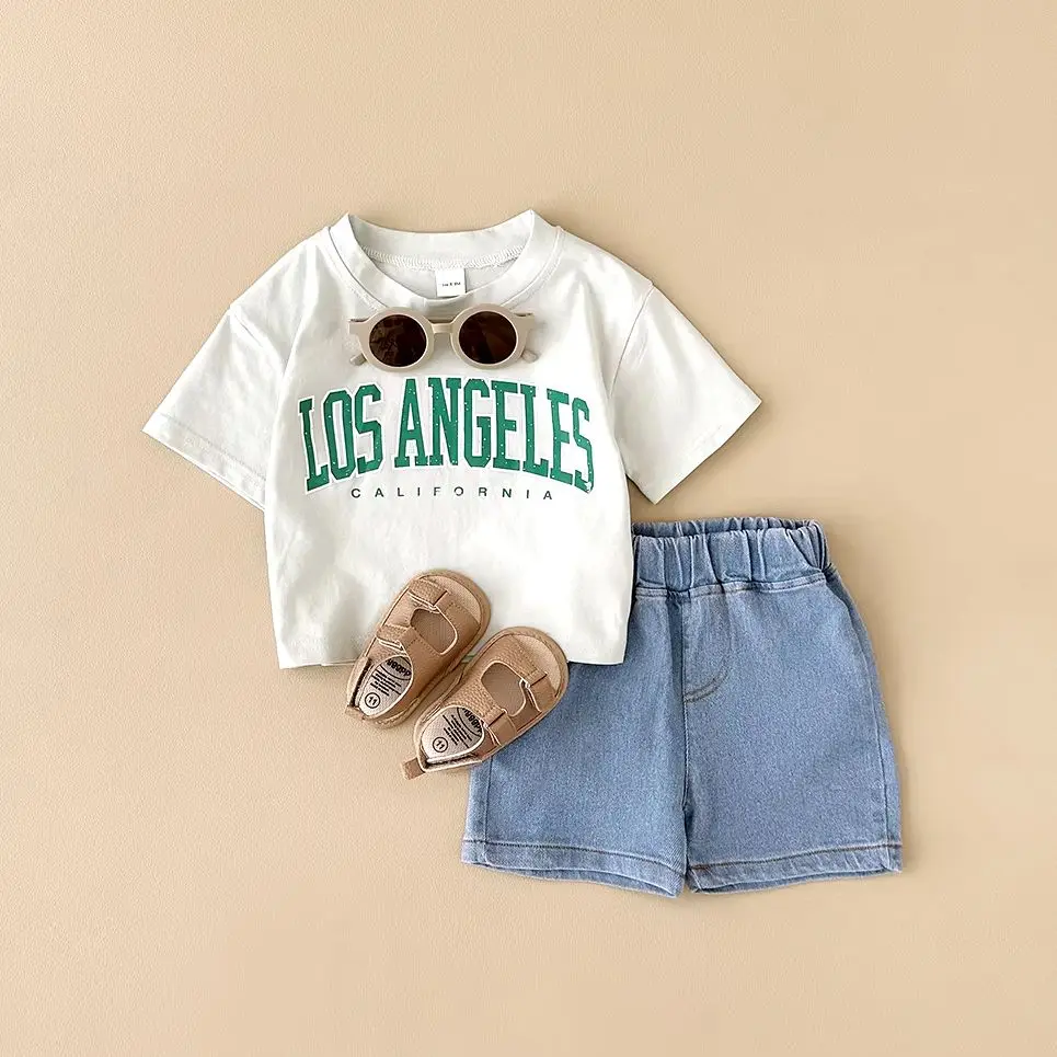 Summer Newborn Baby Clothes 2PCS Boys Clothes Girls Outfit Set Toddler Letter Printed Short Sleeved T-Shirt+Denim Shorts