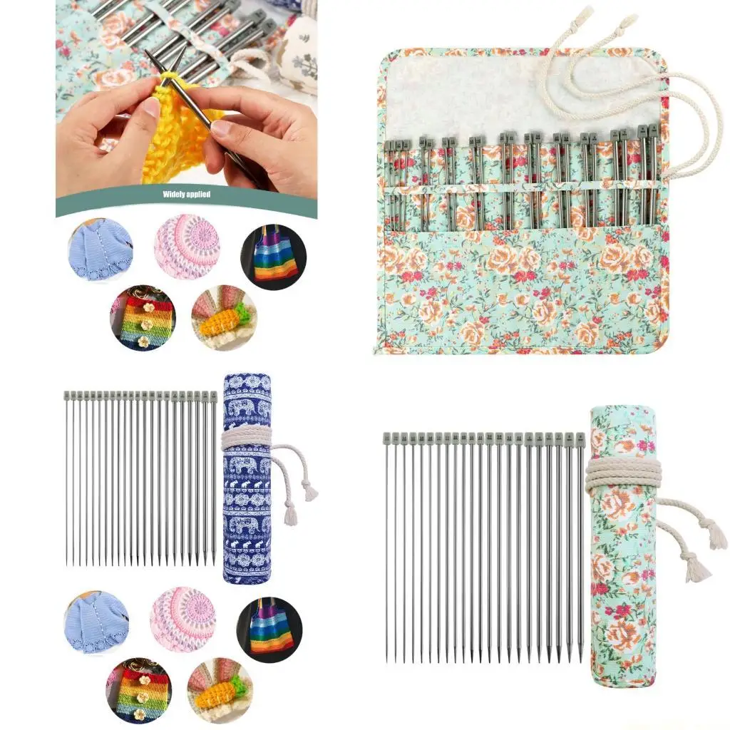 

QX2E 22Pcs Single Pointed Knitting Needle Stainless Steel Single Ended Knitting Needle Straight Knitting Needle with Bag