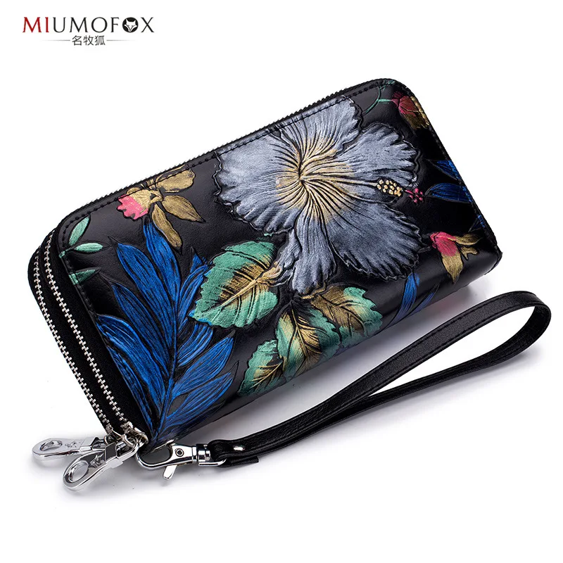 Hand-held Rose Flower Wallet Double-layer Zipper Large Capacity Purse  Women's Long Genuine Leather Multi-Card Slot Zipper