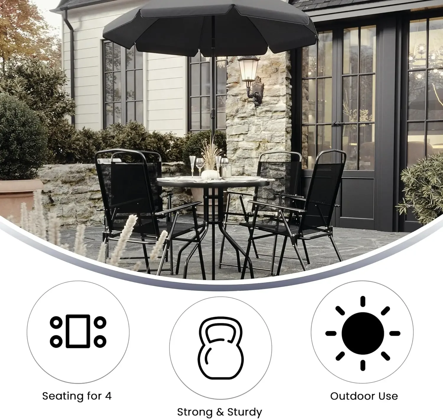 Table parapluie pliante noire, ensemble de 4 chaises, jardin, 6 pièces