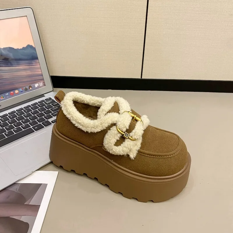 Women's New Winter Heel Boots Fashion Round Head Cow Suede Metal Buckle Thick Sole Anti-slip Wear-resistant Low-top Shoes image 6
