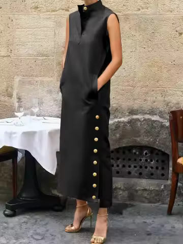 Women's 2026 New Sleeveless Stand Collar Black Dress Gold Side Buttons Pockets Elegant Evening Office Maxi Dresses