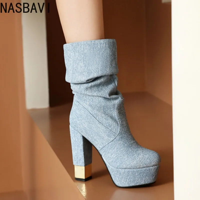 

Осенне-зимние новые стильные модные непромокаемые женские высокие сапоги на высоком каблуке на платформе, вечерние пикантные сапоги до колена высотой 12,5 см