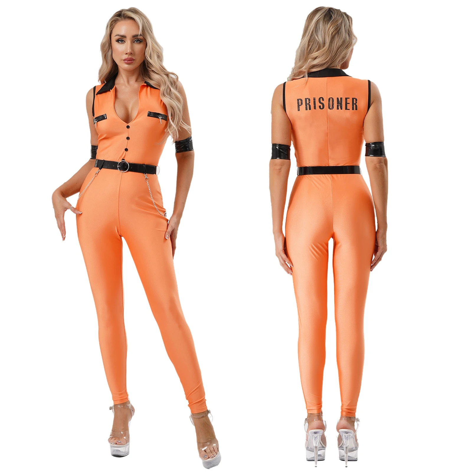 

Women Halloween Prisoner Convict Cosplay Outfit Sleeveless Orange Prisoner Letter Printed Jumpsuit with Leather Belt And Cuffs