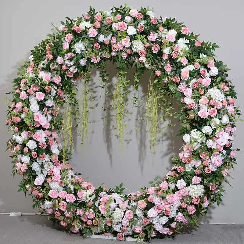 3D custom series Pink and white rose Hydrangea green leaf artificial mixed heart flower wall wedding banquet event decoration