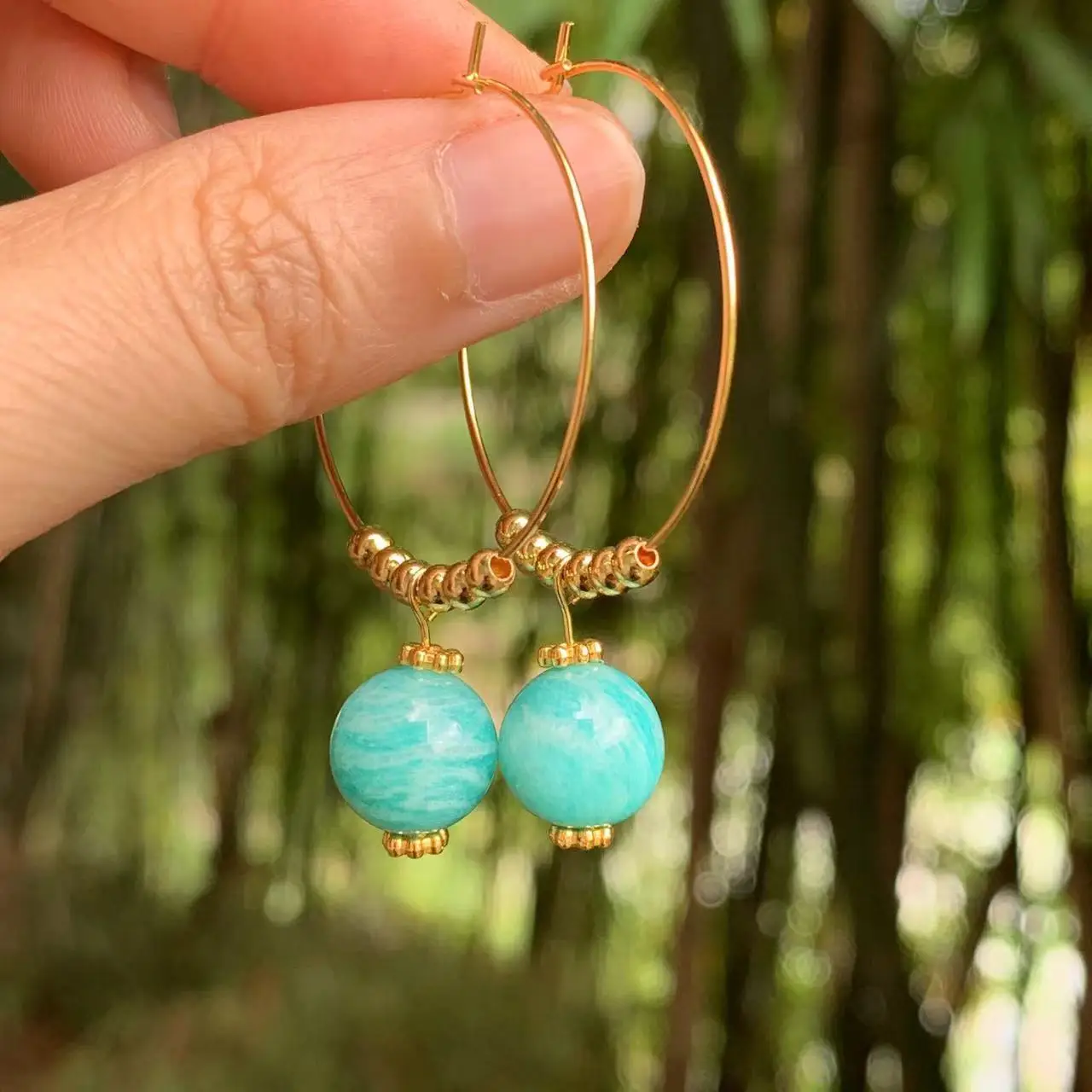 HEYYA STONE Natural Amazonite Hoop Earrings Simple Classic Round Circle Gemstone Jewelry Handmade 14K GOLD exclusive