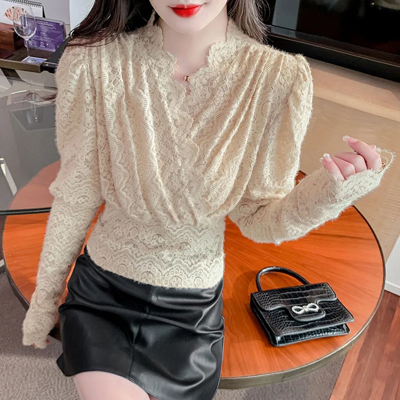 

Elegant Sweet Lace Blouse Autumn V Neck Pleated Puff Long Sleeve Women Tops Crochet Lady Short Shirts White Blusas Mujer 23755