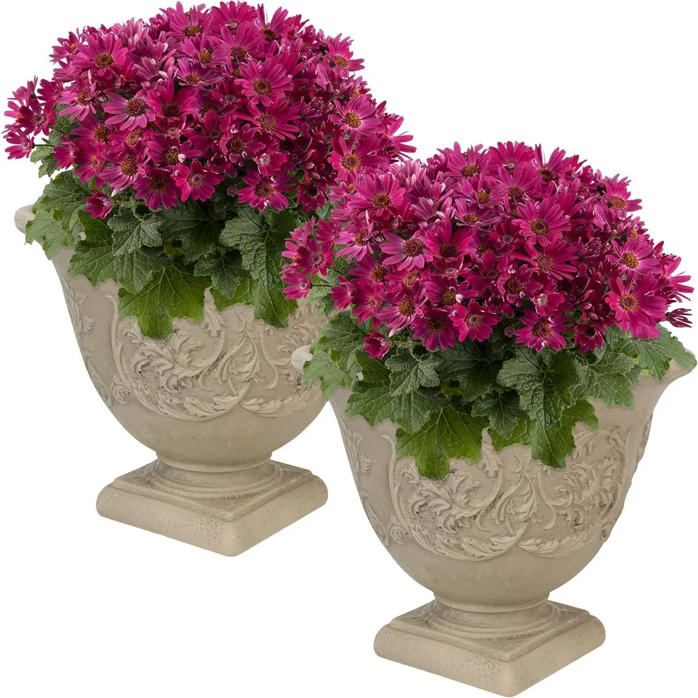 

Sunnydaze 16-Inch Darcy Round Plant Pot - Polyresin Large Outdoor Urn Planter with Drillable Drainage Hole - 2 Pack - Beige