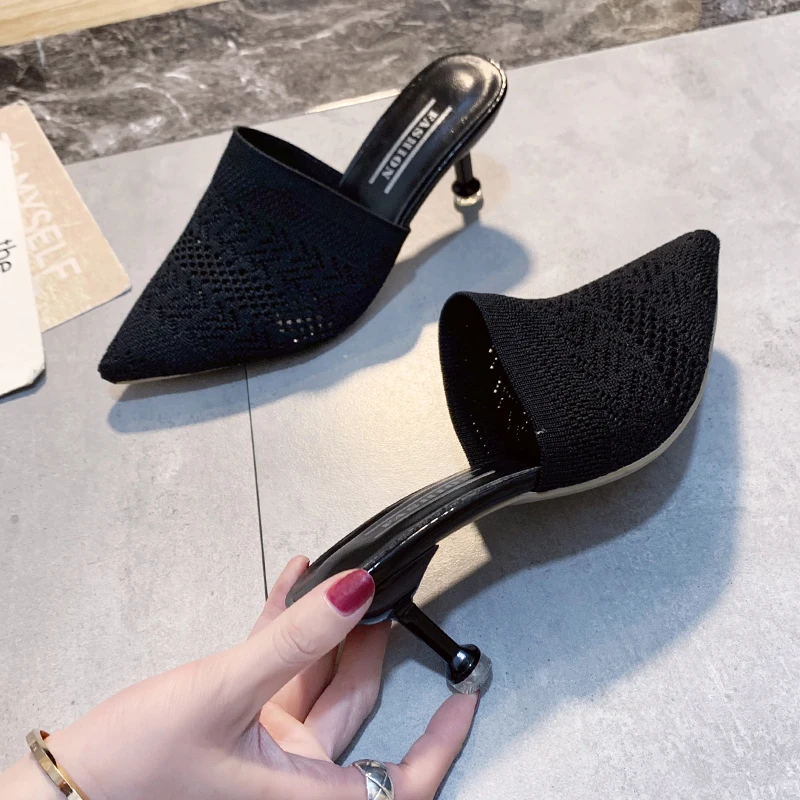 الصيف النساء النعال أصفر أسود محبوك الشرائح البغال أنيقة شبكة تنفس ميد كعب النعال مغلقة تو الشرائح أحذية الحفلات