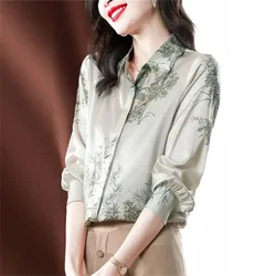 Elegant Women Silk Shirt OL Cardigan Blouse For Women Luxury Blouse Female Clothing Basic Floral Printing Top Female Satin Shirt