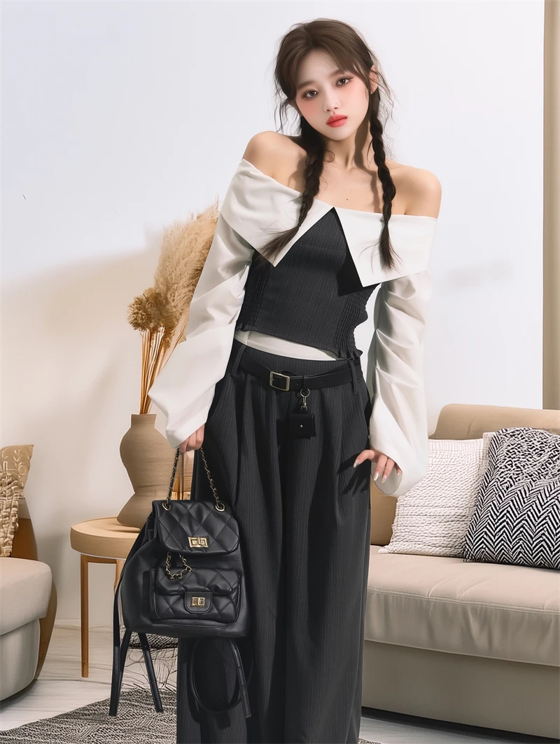 レディースオフショルダートップス2025パッチワークシャツカジュアルルーズショートブラウス長袖ブラウスオーバーサイズSL148 パーティーブラウス