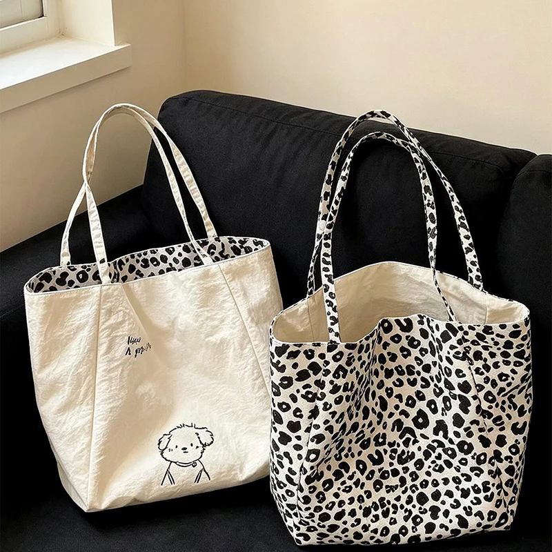 Korean Style Double Side Tote Bag Cute Dog Leopard Pattern Shoulder Bag Large Capacity Lightweight Handbag Reusable Shopping Bag