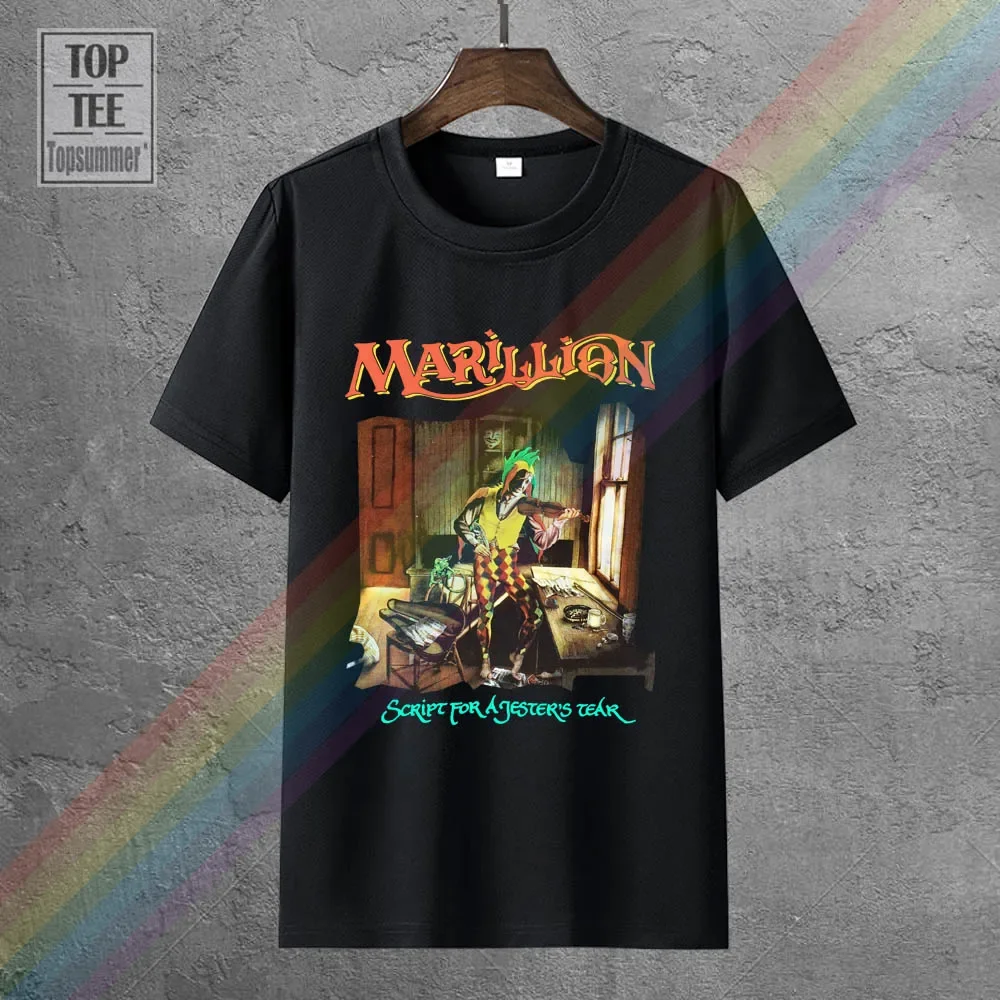 T-shirt noir avec dessin de Marillion pour une déchirure de jester, poisson de roche progressif