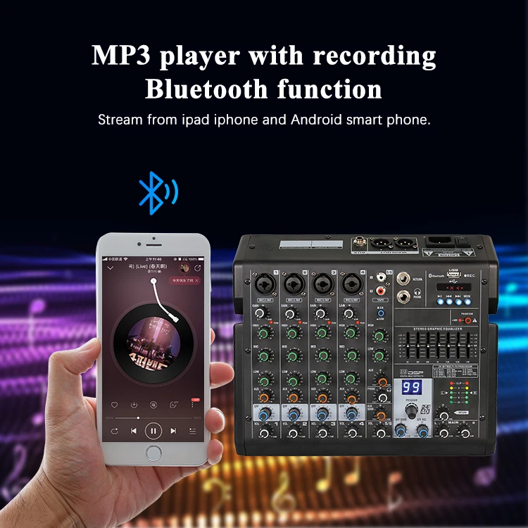 Mixer de áudio portátil com gravação e função Bluetooth, 6 canais, MP3 Player, 48V Phantom Power Supply, preto